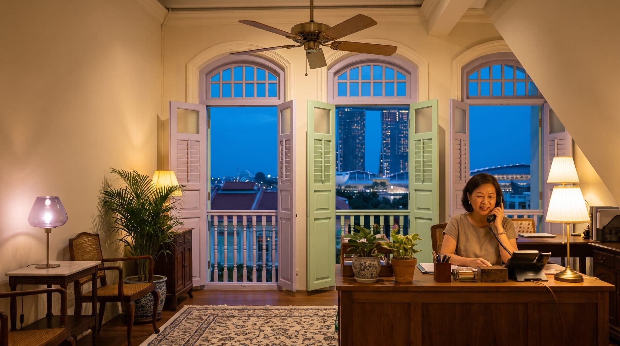 Woman on the phone at her desk in a shophouse, pastel shutters open onto the Marina Bay skyline at blue hour