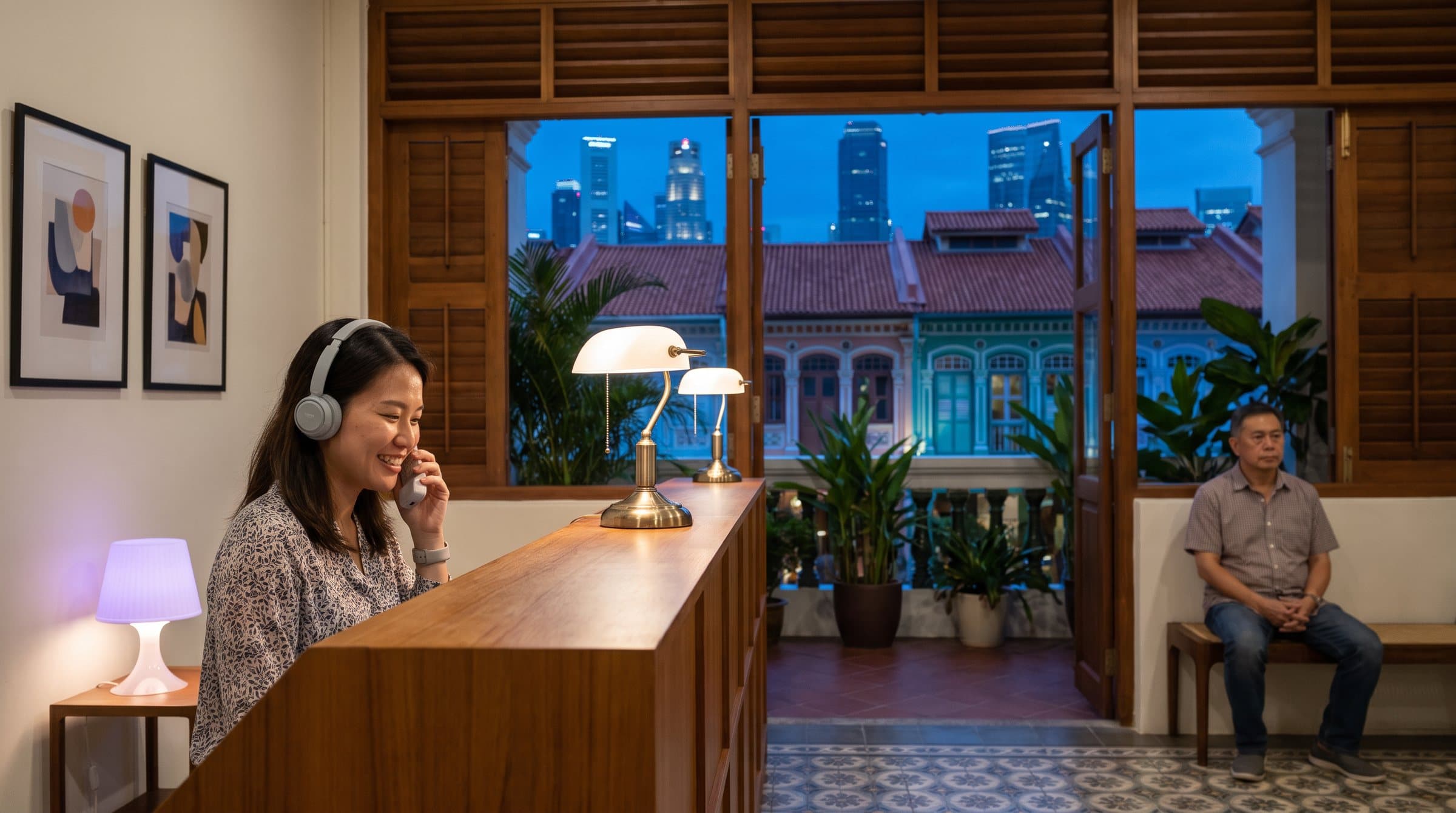 Receptionist with a headset answering the phone at a clinic in a restored Tanjong Pagar shophouse, the CBD towers behind the roofs at blue hour