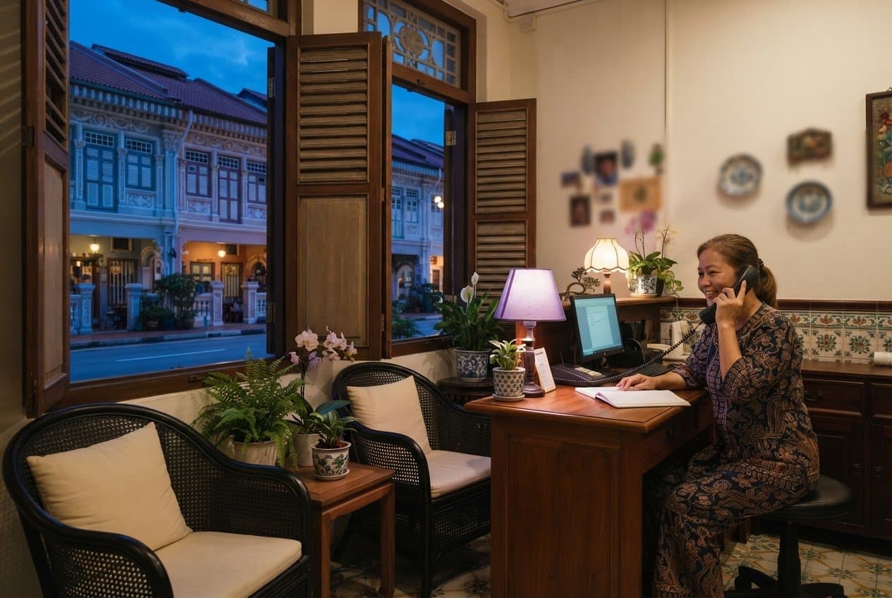 Clinic assistant answering the phone at the reception of a clinic in a Peranakan shophouse in Katong at dawn