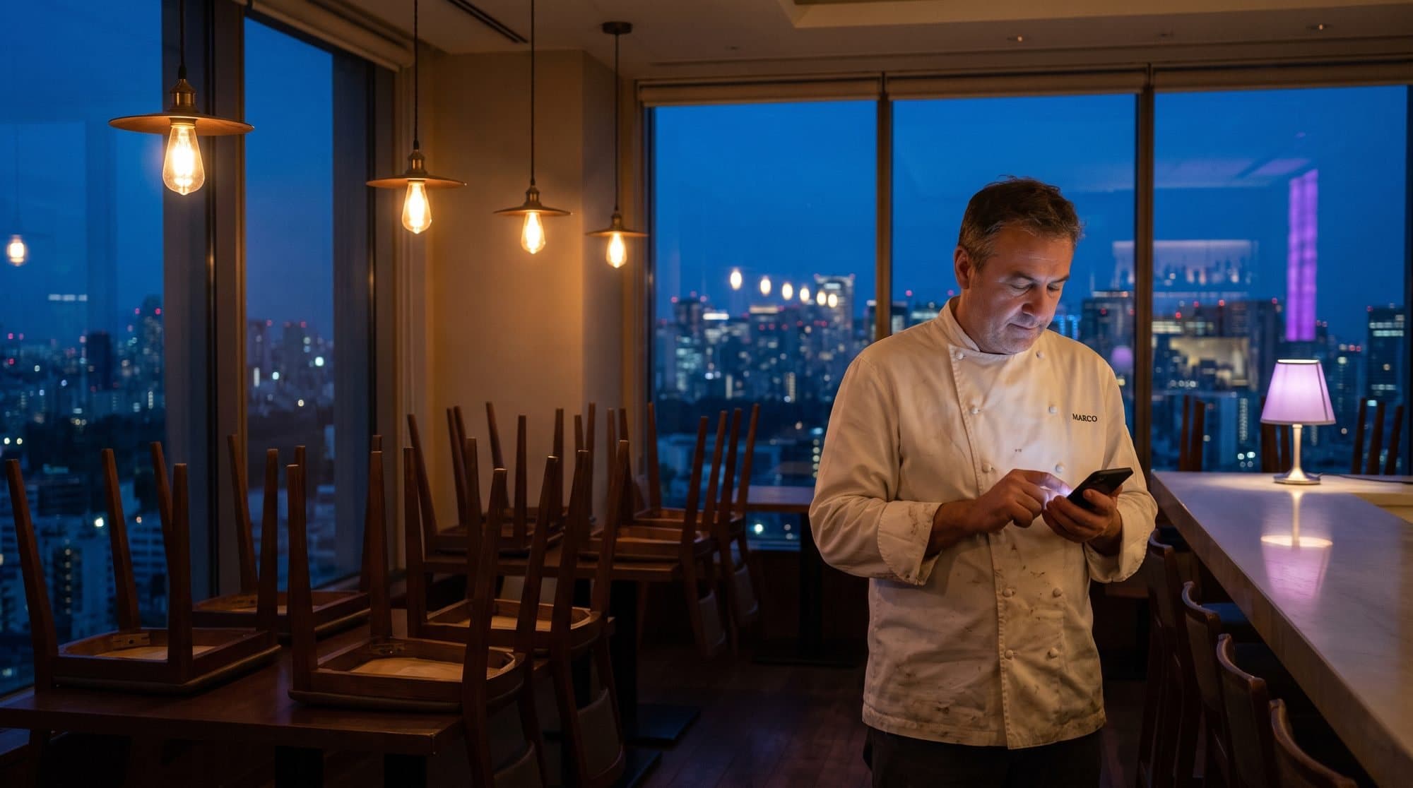 Chef checking a booking on his phone in a quiet restaurant before service, city at blue hour