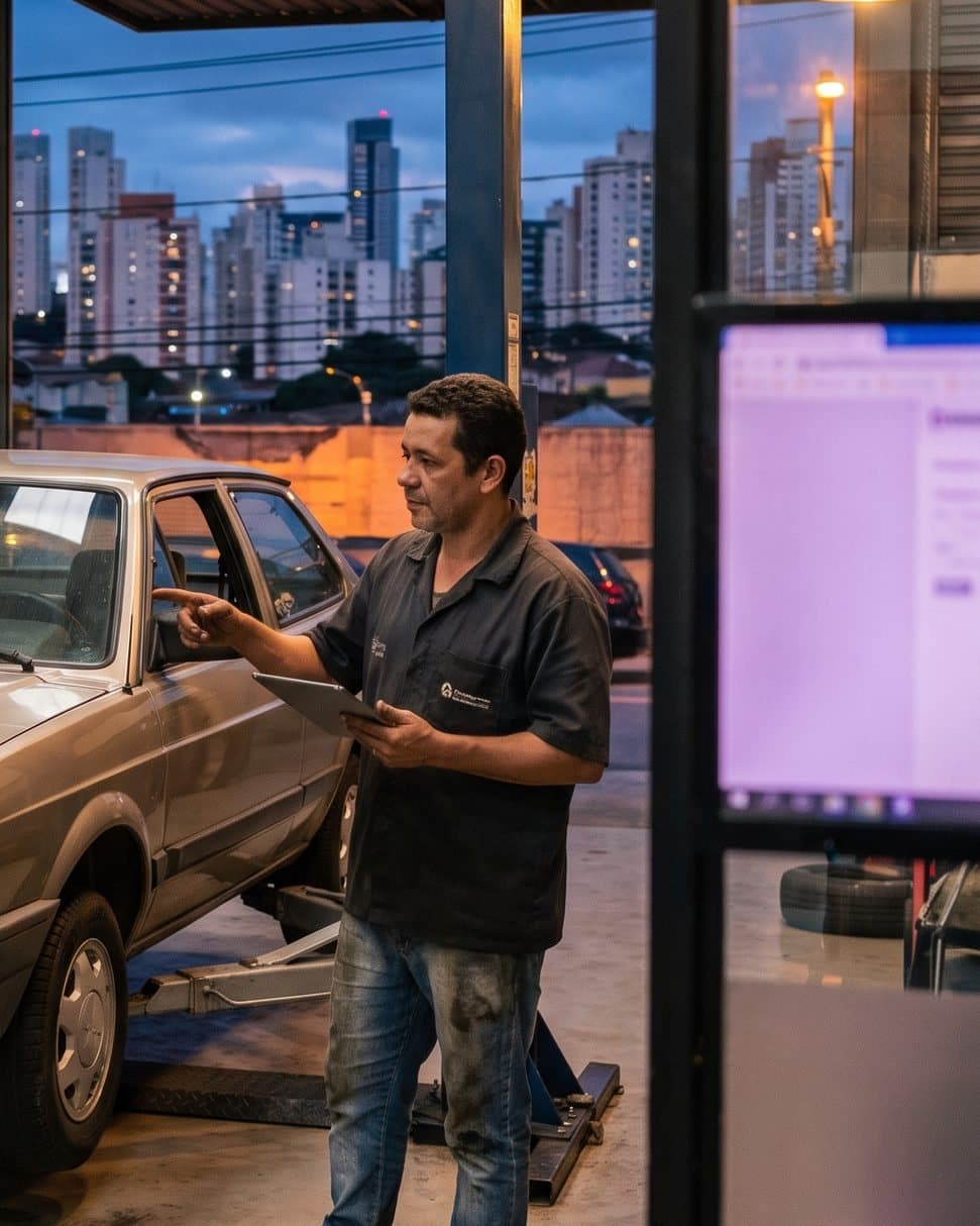 Mechanic with a tablet next to a car in a small workshop at the end of the day