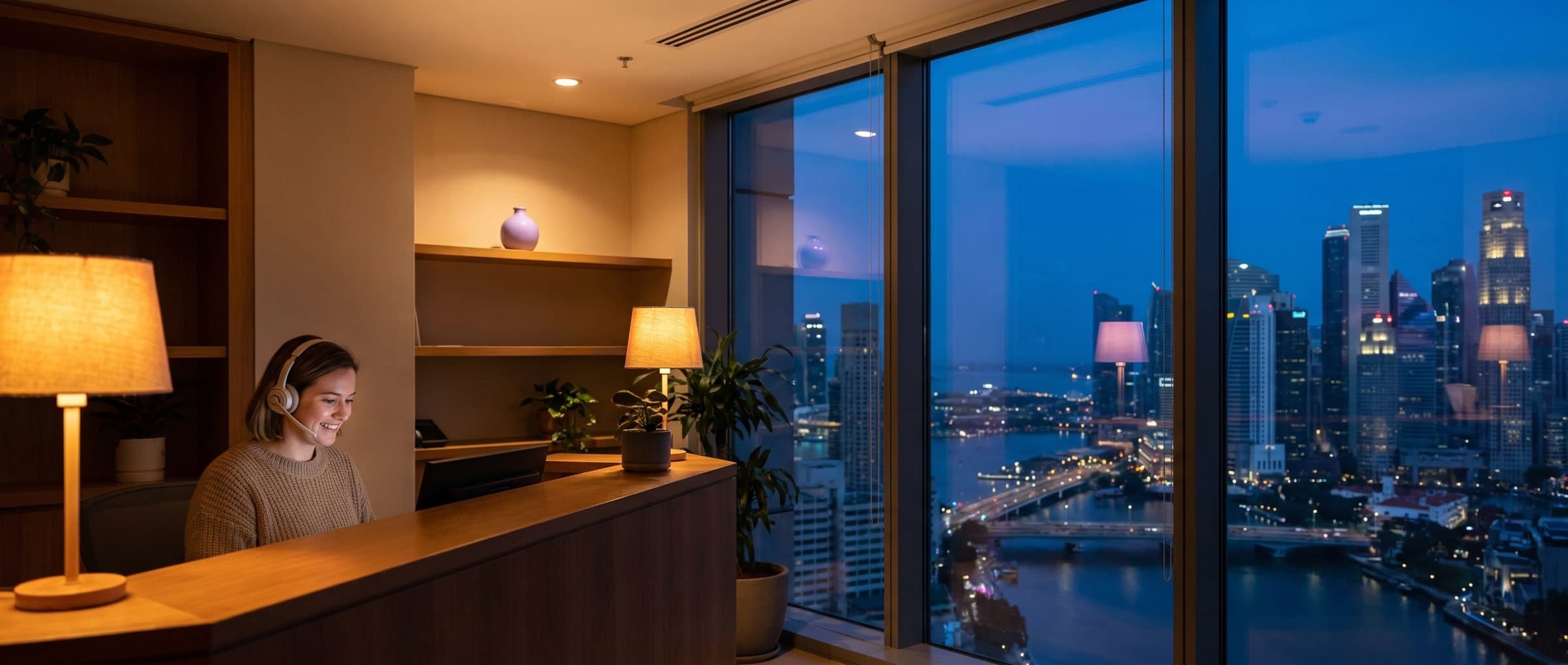 Receptionist with a headset at a front desk, the Marina Bay skyline at night behind the windows