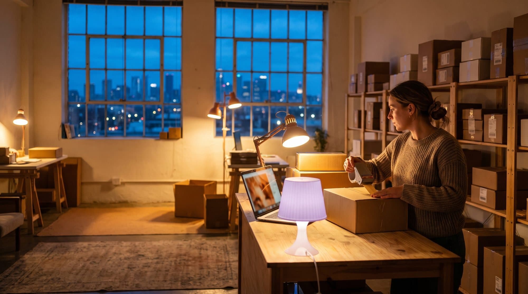 Online shop owner packing parcels late at night
