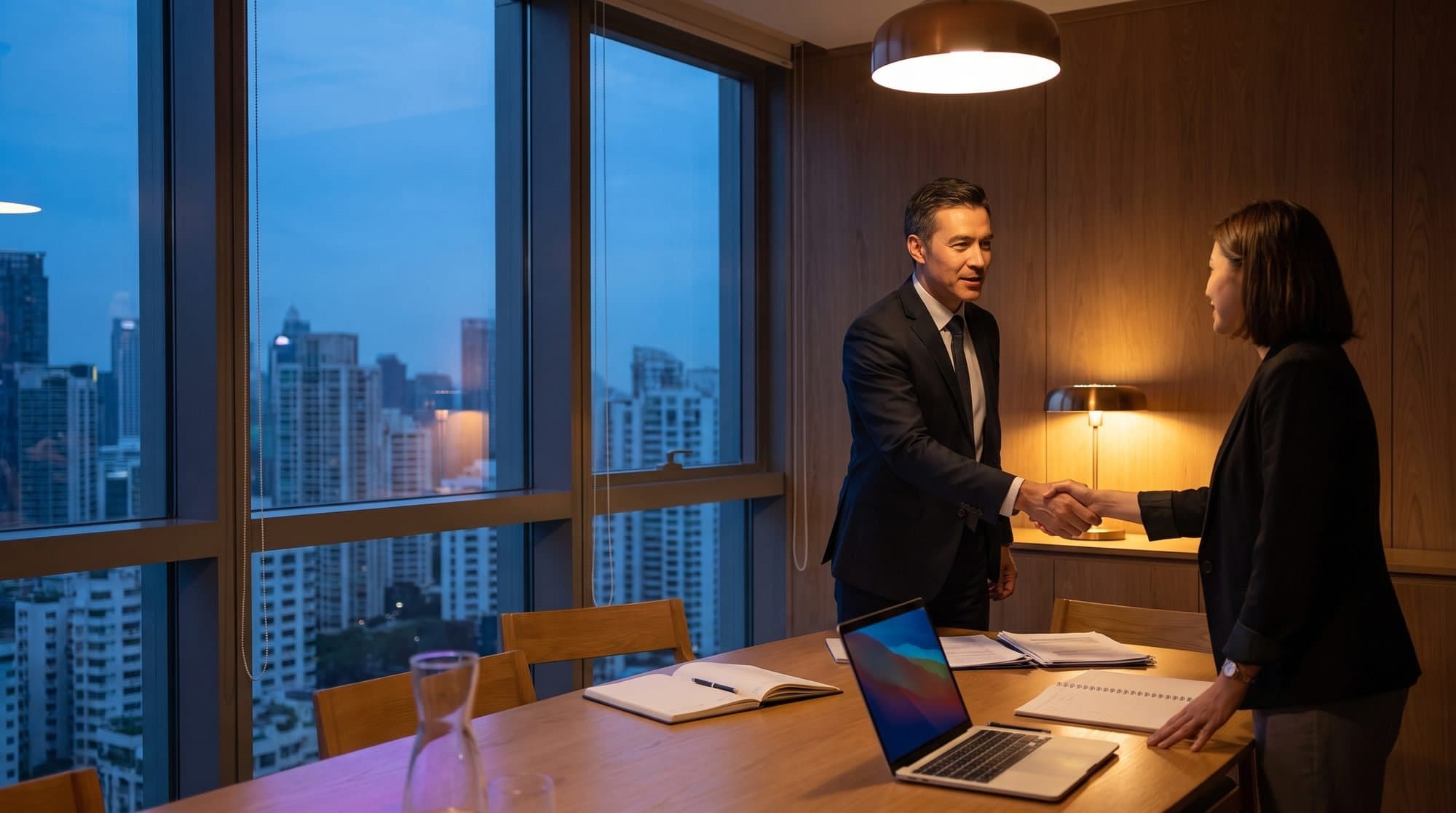 Two professionals shaking hands in an office, city lights behind the windows