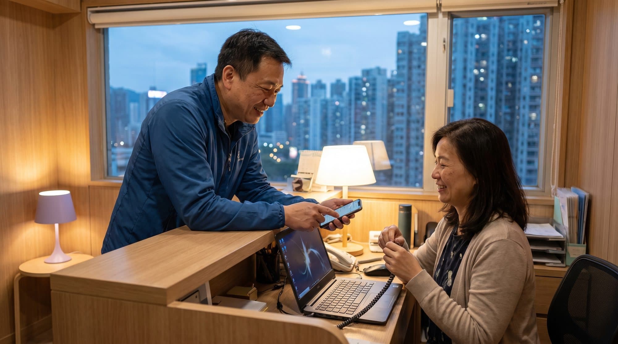 Adviser and client going through details at a desk, towers at blue hour outside